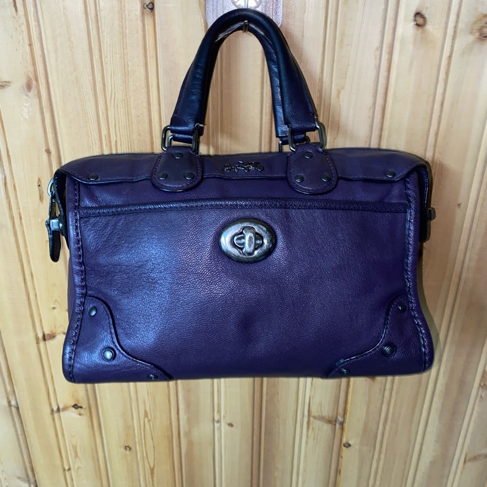 Coach Dark Plum Ryder Satchel Leather Handbag with Turnlock